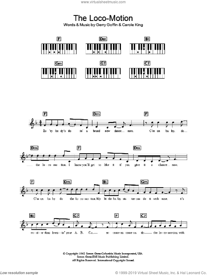 The Loco-Motion sheet music for voice and other instruments (fake book) by Kylie Minogue, Carole King and Gerry Goffin, intermediate skill level