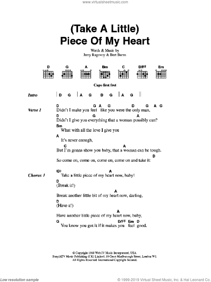 (Take A Little) Piece Of My Heart sheet music for guitar (chords) by Erma Franklin, Bert Berns and Jerry Ragovoy, intermediate skill level