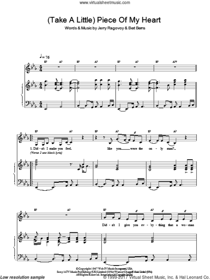 (Take A Little) Piece Of My Heart sheet music for piano solo by Erma Franklin, Bert Berns and Jerry Ragovoy, easy skill level