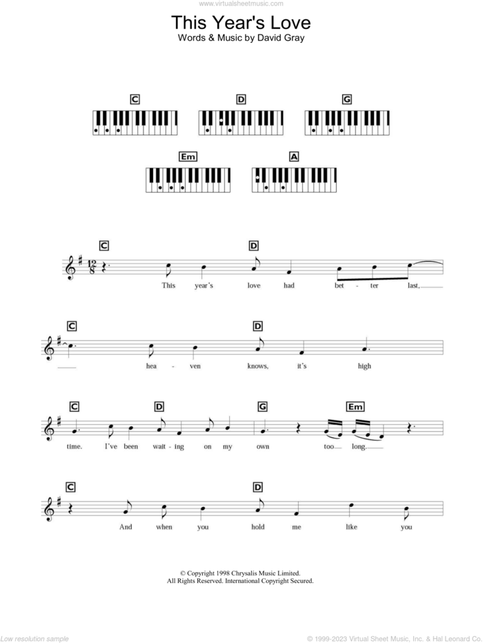 This Year's Love sheet music for voice and other instruments (fake book) by David Gray, intermediate skill level