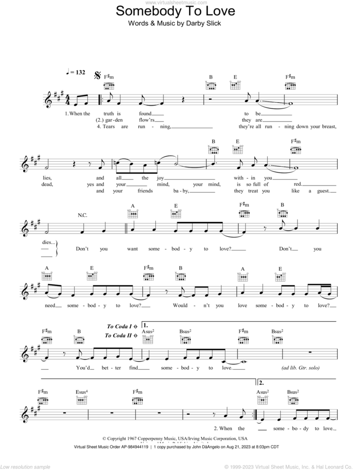 Somebody To Love sheet music for voice and other instruments (fake book) by Jefferson Airplane and Darby Slick, intermediate skill level