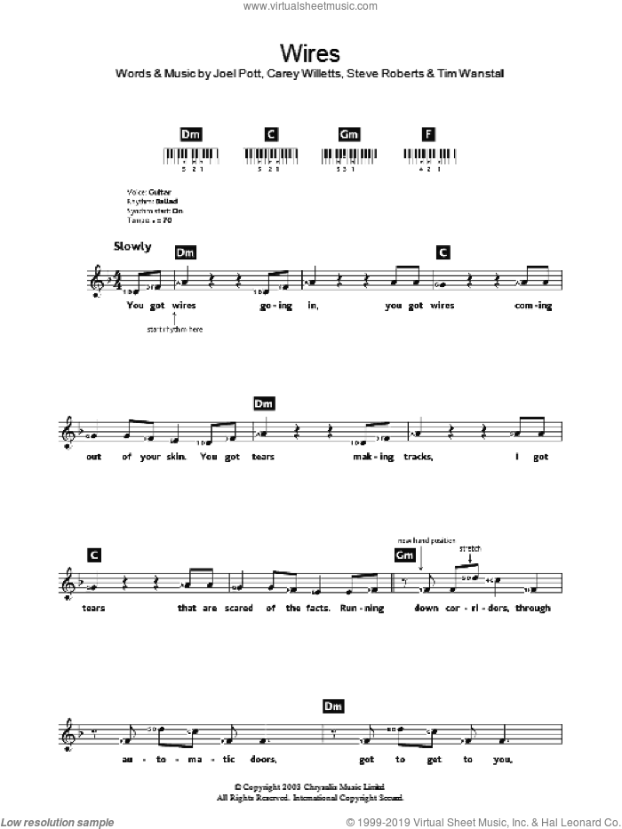 Wires sheet music for voice and other instruments (fake book) by Athlete, Carey Willetts, Joel Pott, Steve Roberts and Tim Wanstall, intermediate skill level