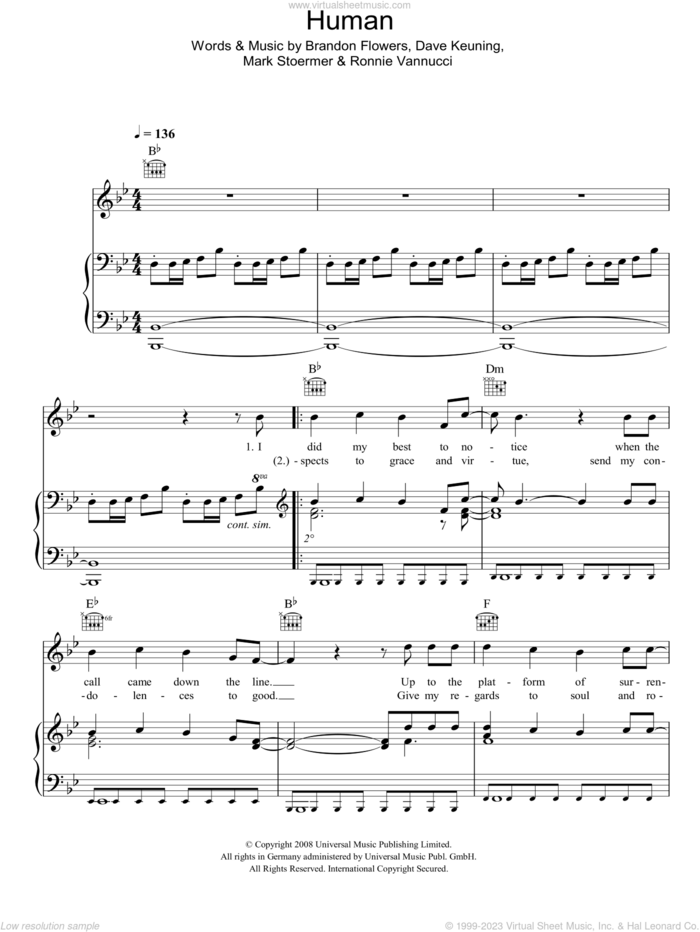 Human sheet music for voice, piano or guitar by The Killers, Brandon Flowers, Dave Keuning, Mark Stoermer and Ronnie Vannucci, intermediate skill level