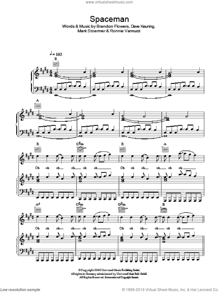 Spaceman sheet music for voice, piano or guitar by The Killers, Brandon Flowers, Dave Keuning, Mark Stoermer and Ronnie Vannucci, intermediate skill level