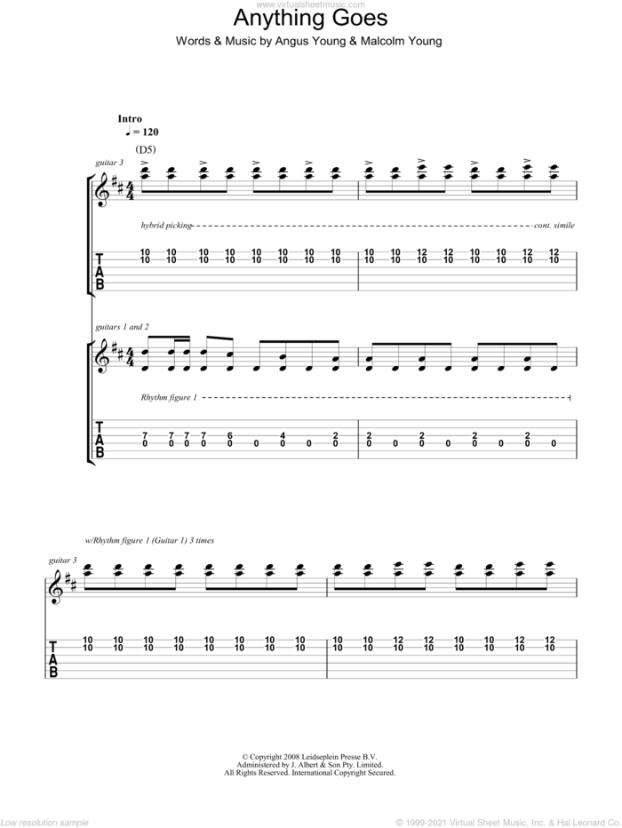 Anything Goes sheet music for guitar (tablature) by AC/DC, Angus Young and Malcolm Young, intermediate skill level