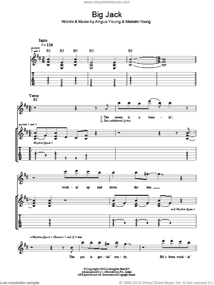 Big Jack sheet music for guitar (tablature) by AC/DC, Angus Young and Malcolm Young, intermediate skill level