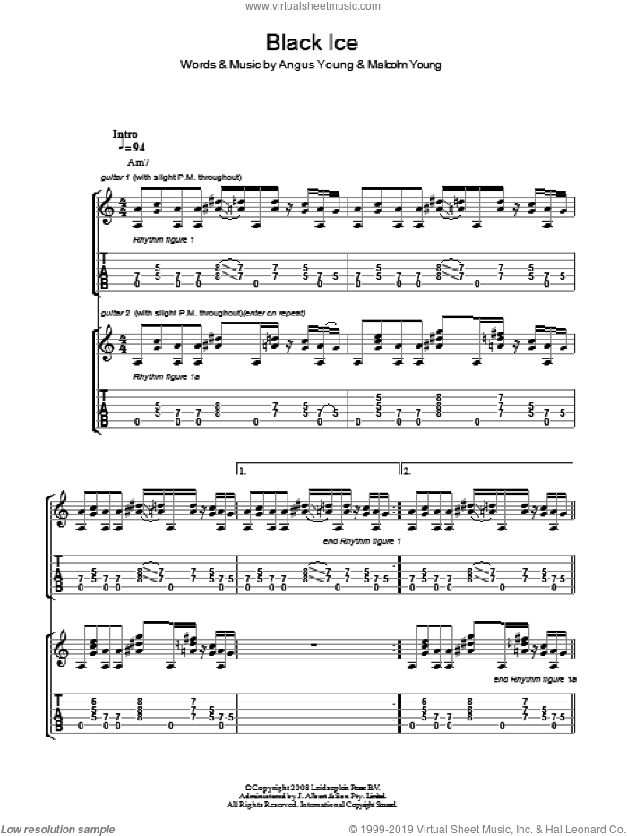 Black Ice sheet music for guitar (tablature) by AC/DC, Angus Young and Malcolm Young, intermediate skill level