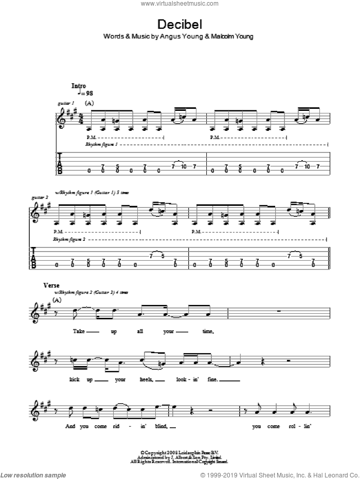 Decibel sheet music for guitar (tablature) by AC/DC, Angus Young and Malcolm Young, intermediate skill level