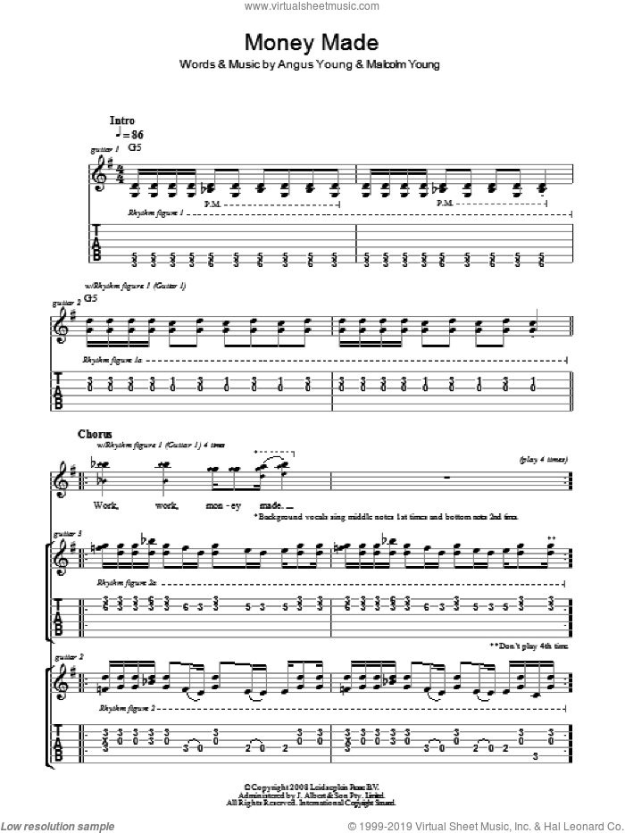 Money Made sheet music for guitar (tablature) by AC/DC, Angus Young and Malcolm Young, intermediate skill level
