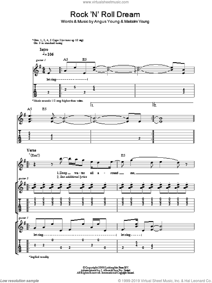 Rock 'N' Roll Dream sheet music for guitar (tablature) by AC/DC, Angus Young and Malcolm Young, intermediate skill level