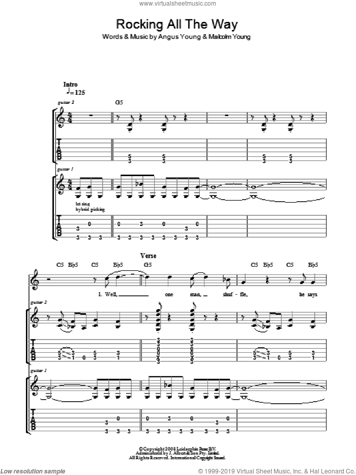 Rocking All The Way sheet music for guitar (tablature) by AC/DC, Angus Young and Malcolm Young, intermediate skill level