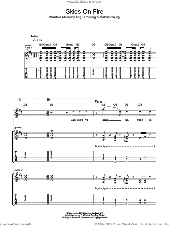 Skies On Fire sheet music for guitar (tablature) by AC/DC, Angus Young and Malcolm Young, intermediate skill level
