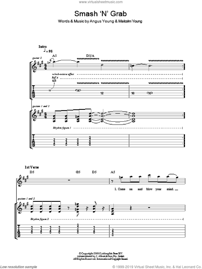 Smash 'N' Grab sheet music for guitar (tablature) by AC/DC, Angus Young and Malcolm Young, intermediate skill level