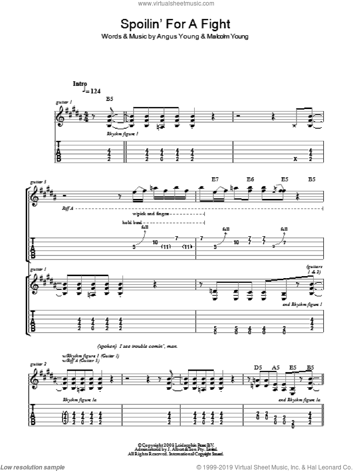 Spoilin' For A Fight sheet music for guitar (tablature) by AC/DC, Angus Young and Malcolm Young, intermediate skill level