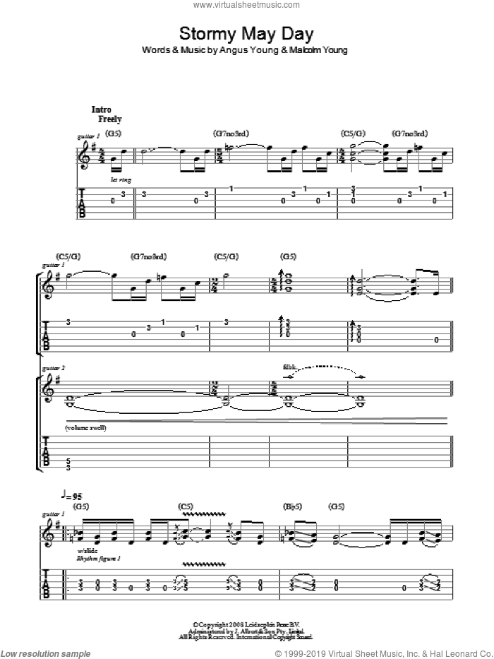 Stormy May Day sheet music for guitar (tablature) by AC/DC, Angus Young and Malcolm Young, intermediate skill level