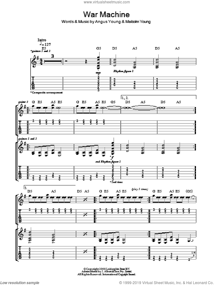 War Machine sheet music for guitar (tablature) by AC/DC, Angus Young and Malcolm Young, intermediate skill level