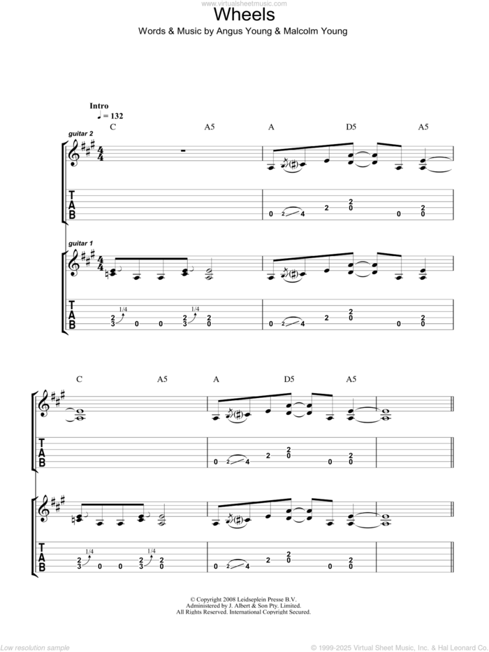 Wheels sheet music for guitar (tablature) by AC/DC, Angus Young and Malcolm Young, intermediate skill level