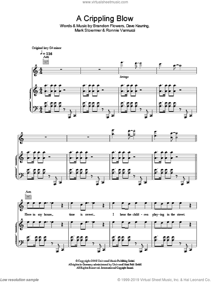 A Crippling Blow sheet music for voice, piano or guitar by The Killers, Brandon Flowers, Dave Keuning, Mark Stoermer and Ronnie Vannucci, intermediate skill level