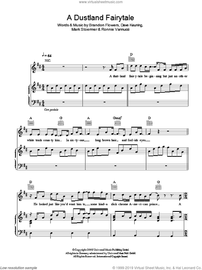 A Dustland Fairytale sheet music for voice, piano or guitar by The Killers, Brandon Flowers, Dave Keuning, Mark Stoermer and Ronnie Vannucci, intermediate skill level