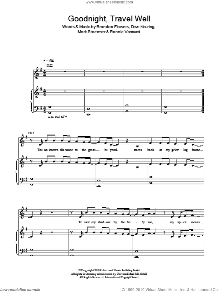 Goodnight Travel Well sheet music for voice, piano or guitar by The Killers, Brandon Flowers, Dave Keuning, Mark Stoermer and Ronnie Vannucci, intermediate skill level