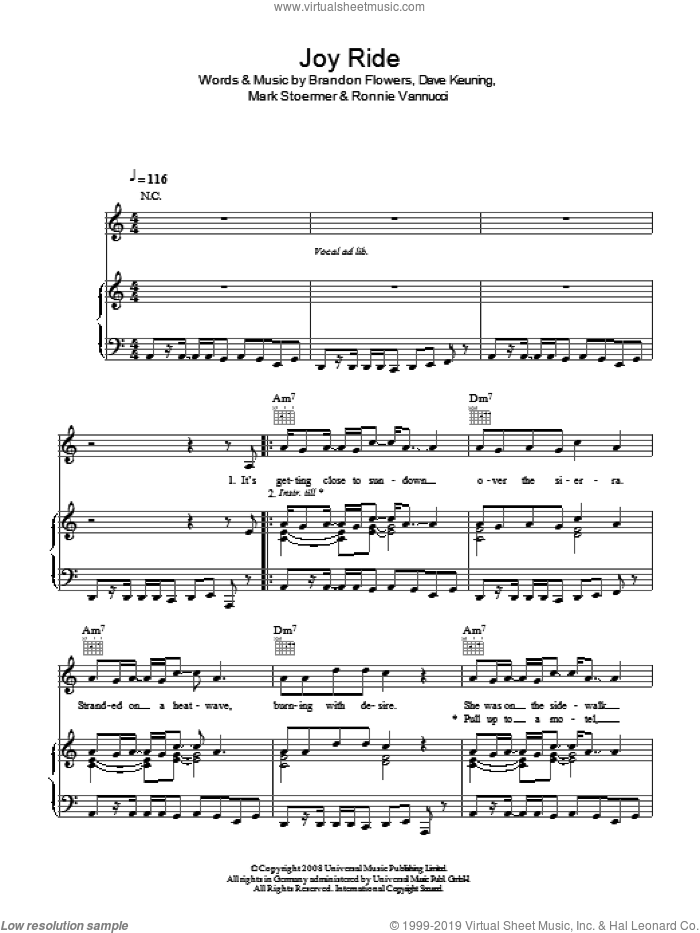 Joy Ride sheet music for voice, piano or guitar by The Killers, Brandon Flowers, Dave Keuning, Mark Stoermer and Ronnie Vannucci, intermediate skill level