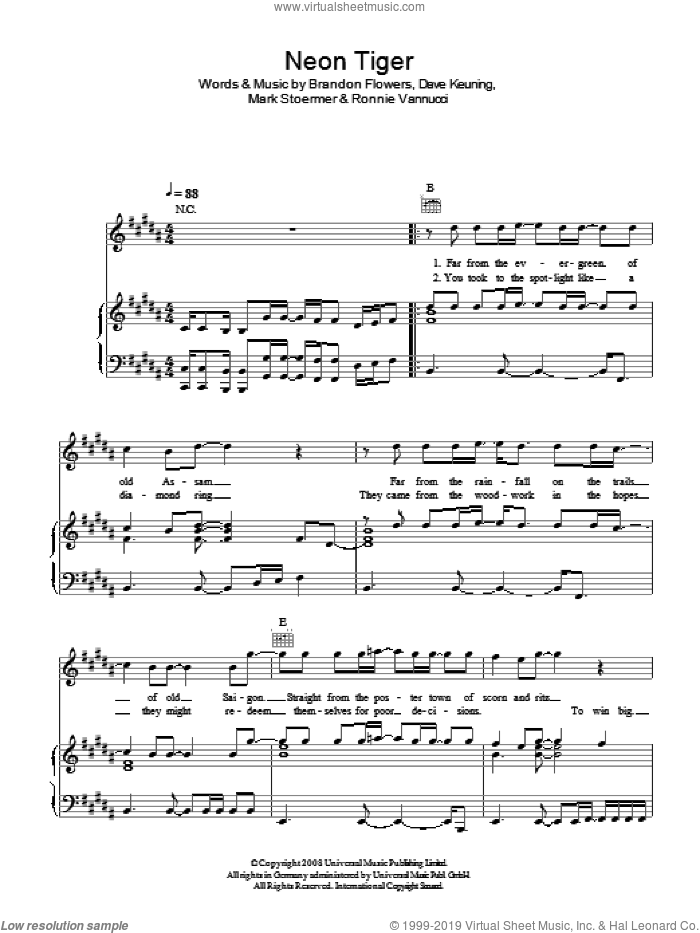 Neon Tiger sheet music for voice, piano or guitar by The Killers, Brandon Flowers, Dave Keuning, Mark Stoermer and Ronnie Vannucci, intermediate skill level