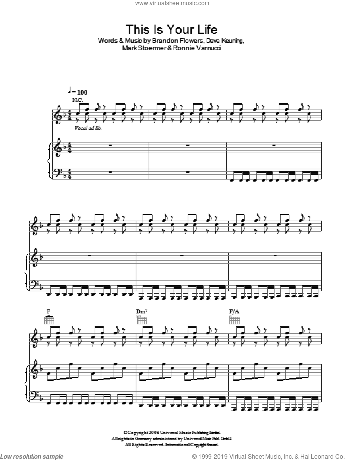 This Is Your Life sheet music for voice, piano or guitar by The Killers, Brandon Flowers, Dave Keuning, Mark Stoermer and Ronnie Vannucci, intermediate skill level