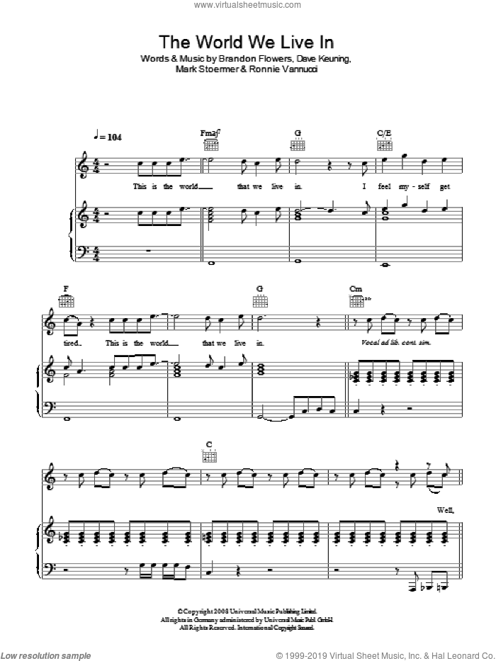 The World We Live In sheet music for voice, piano or guitar by The Killers, Brandon Flowers, Dave Keuning, Mark Stoermer and Ronnie Vannucci, intermediate skill level