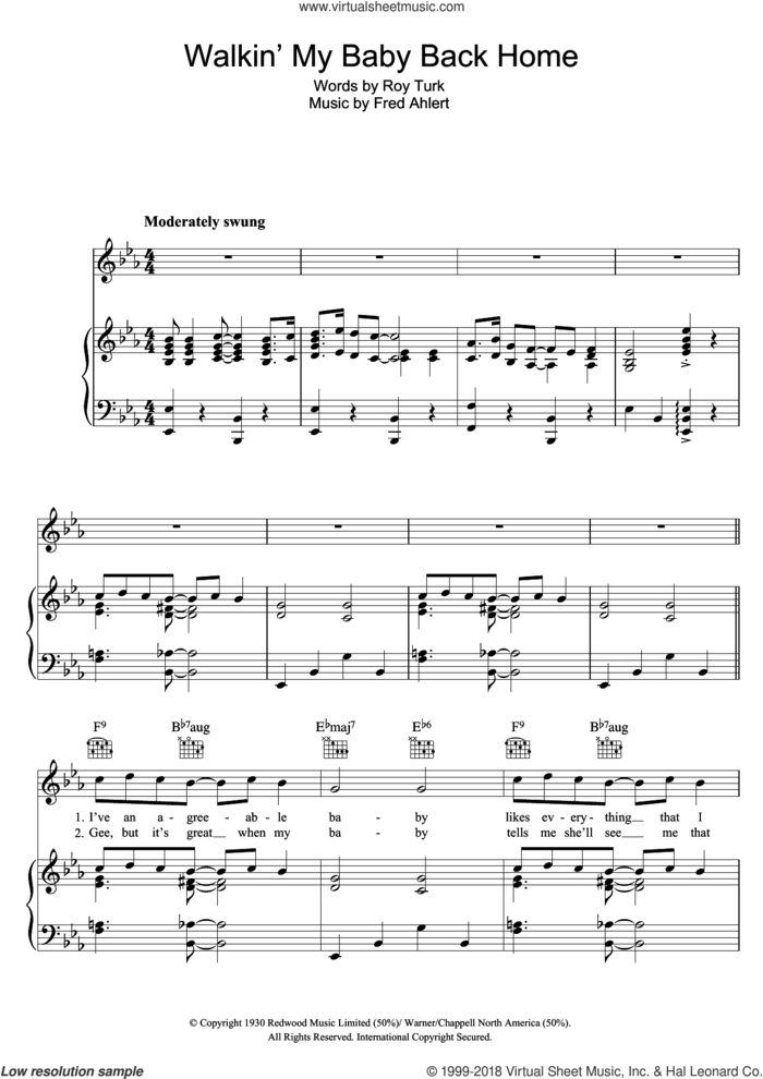 Walkin' My Baby Back Home sheet music for voice, piano or guitar by Nat King Cole, Fred Ahlert and Roy Turk, intermediate skill level