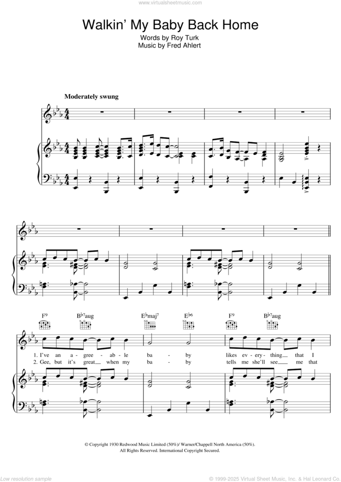 Walkin' My Baby Back Home sheet music for voice, piano or guitar by Nat King Cole, Fred Ahlert and Roy Turk, intermediate skill level