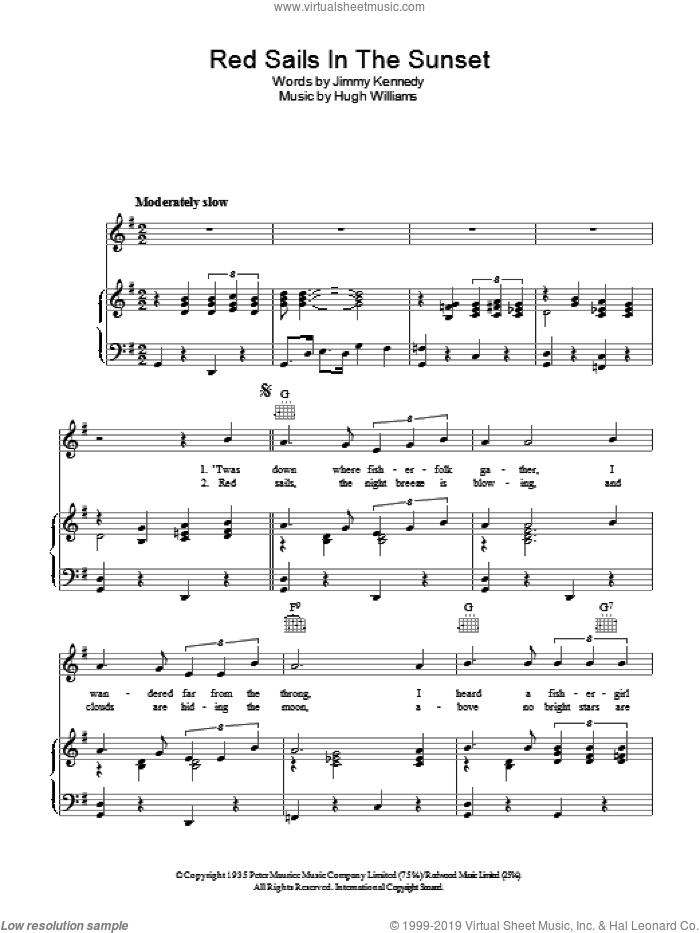 Red Sails In The Sunset sheet music for voice, piano or guitar by Fats Domino, Hugh Williams and Jimmy Kennedy, intermediate skill level
