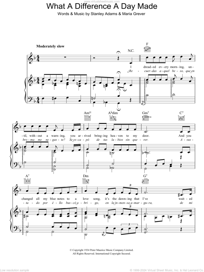What A Diff'rence A Day Made sheet music for voice, piano or guitar by Maria Grever and Stanley Adams, intermediate skill level