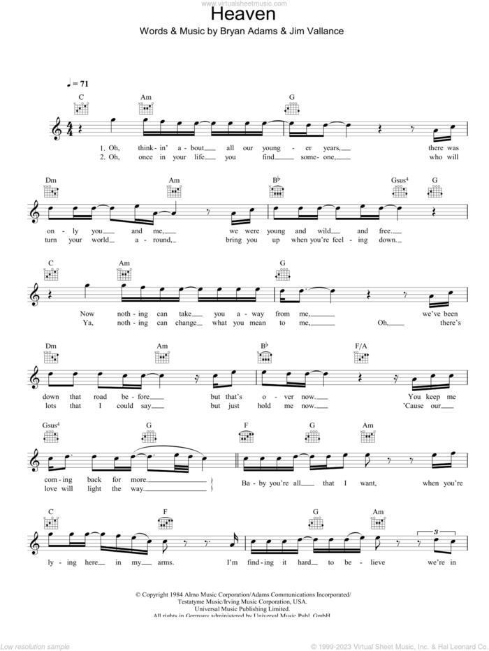 Heaven sheet music for voice and other instruments (fake book) by Bryan Adams and Jim Vallance, intermediate skill level