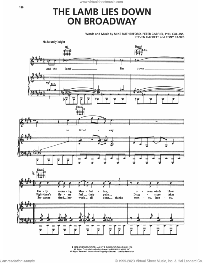 The Lamb Lies Down On Broadway sheet music for voice, piano or guitar by Genesis, Mike Rutherford, Peter Gabriel, Phil Collins, Steven Hackett and Tony Banks, intermediate skill level