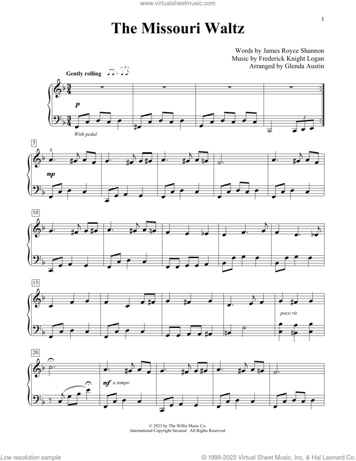 The Missouri Waltz (arr. Glenda Austin) sheet music for piano solo (elementary) by Frederick Knight Logan, Glenda Austin and James Royce Shannon, beginner piano (elementary)