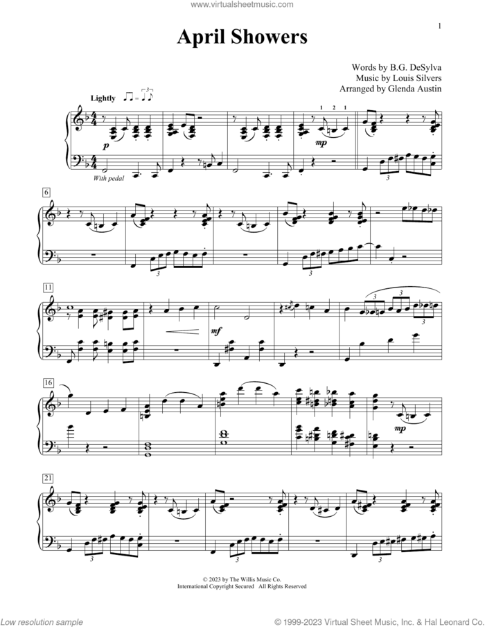 April Showers (arr. Glenda Austin) sheet music for piano solo (elementary) by Buddy DeSylva, Glenda Austin and Louis Silvers, beginner piano (elementary)