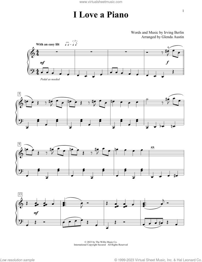 I Love A Piano (arr. Glenda Austin) sheet music for piano solo (elementary) by Irving Berlin and Glenda Austin, beginner piano (elementary)