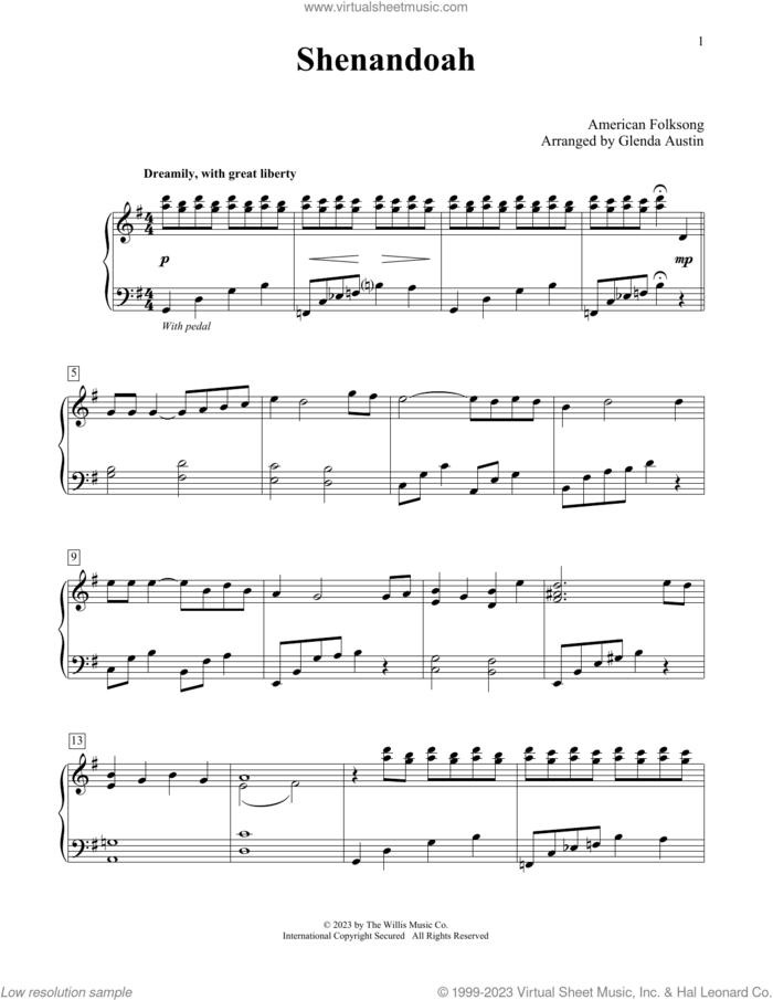 Shenandoah (arr. Glenda Austin) sheet music for piano solo (elementary) by American Folksong and Glenda Austin, beginner piano (elementary)