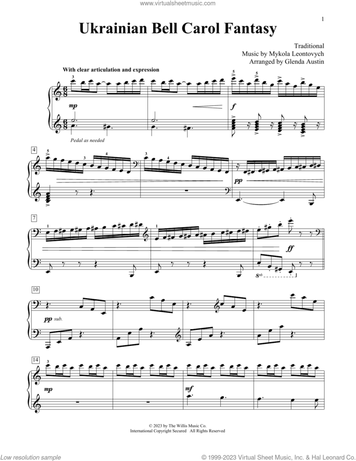 Ukrainian Bell Carol Fantasy (arr. Glenda Austin) sheet music for piano solo (elementary) by Mykola Leontovych, Glenda Austin and Miscellaneous, beginner piano (elementary)