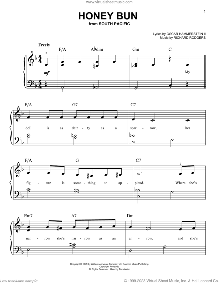Honey Bun (from South Pacific) sheet music for piano solo by Richard Rodgers, Oscar II Hammerstein and Rodgers & Hammerstein, beginner skill level