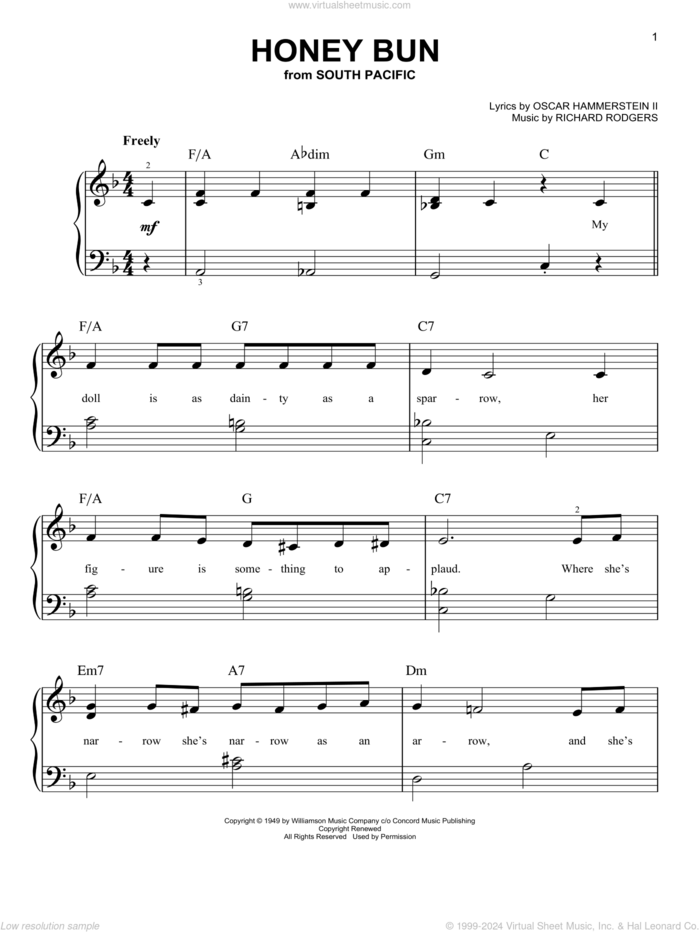 Honey Bun (from South Pacific) sheet music for piano solo by Richard Rodgers, Oscar II Hammerstein and Rodgers & Hammerstein, beginner skill level