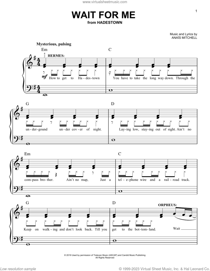 Wait For Me (from Hadestown) sheet music for piano solo by Anais Mitchell, beginner skill level