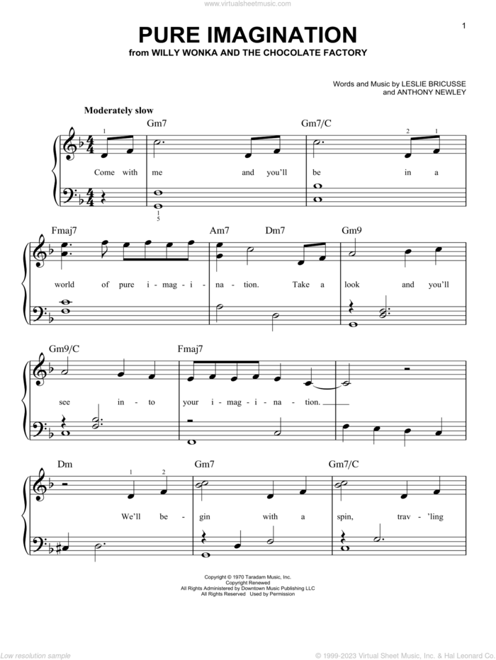 Pure Imagination (from Charlie and the Chocolate Factory) sheet music for piano solo by Leslie Bricusse, Anthony Newley and Leslie Bricusse and Anthony Newley, beginner skill level