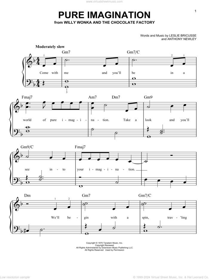 Pure Imagination (from Charlie and the Chocolate Factory) sheet music for piano solo by Leslie Bricusse, Anthony Newley and Leslie Bricusse and Anthony Newley, beginner skill level