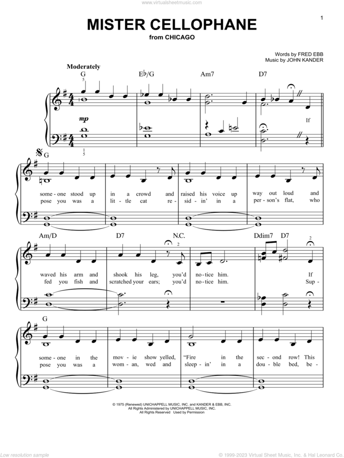 Mister Cellophane (from Chicago) sheet music for piano solo by John Kander, Fred Ebb and Kander & Ebb, beginner skill level