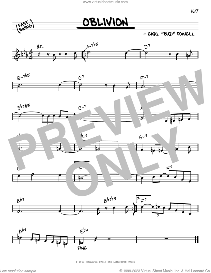 Oblivion sheet music for voice and other instruments (real book) by Bud Powell, intermediate skill level