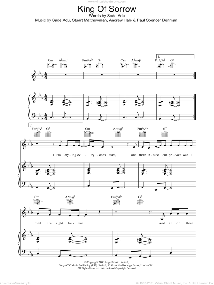King Of Sorrow sheet music for voice, piano or guitar by Sade, intermediate skill level