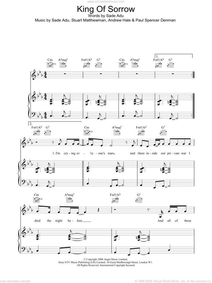 King Of Sorrow sheet music for voice, piano or guitar by Sade, intermediate skill level