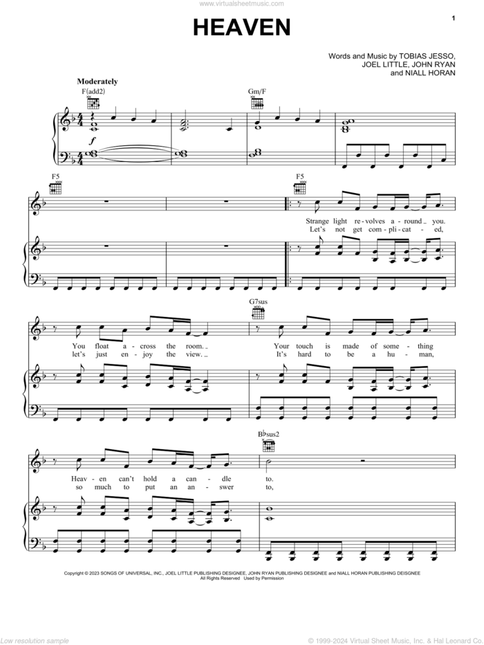 Heaven sheet music for voice, piano or guitar by Niall Horan, Joel Little, John Henry Ryan and Tobias Jesso, intermediate skill level