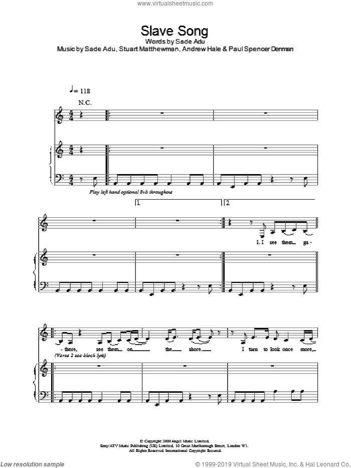 Slave Song sheet music for voice, piano or guitar by Sade, intermediate skill level